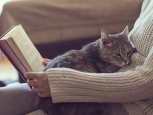locum tenens close to home - featured image of physician relaxing at home with cat and book
