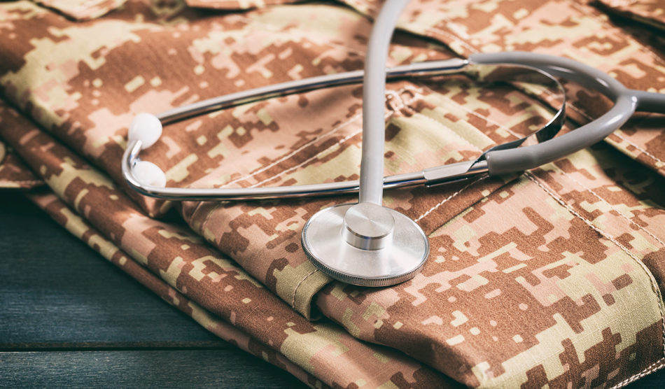 Military print scrubs with stethoscope
