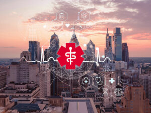 Photo of a city overlaid with medical icons and the Weatherby Healthcare logo