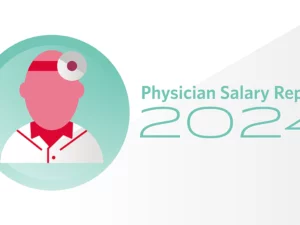 Graphic depicting an abstract image of a physician along with the text Physician Salary Report 2024