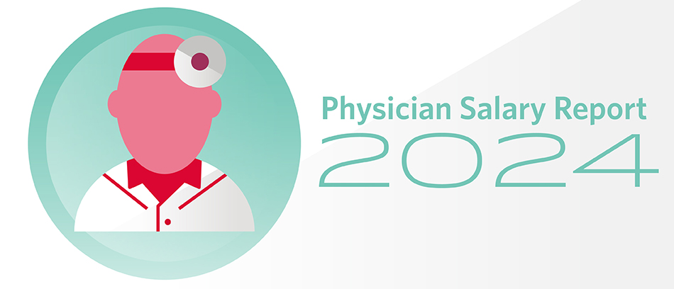 Graphic depicting an abstract image of a physician with the text Physician Salary Report 2024