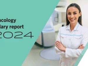 Graphic for Oncology Salary Report 2024 including a photo of an oncologist standing in a medical setting