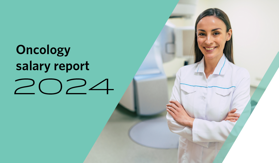 Graphic for Oncology Salary Report 2024 including a photo of an oncologist standing in a medical setting