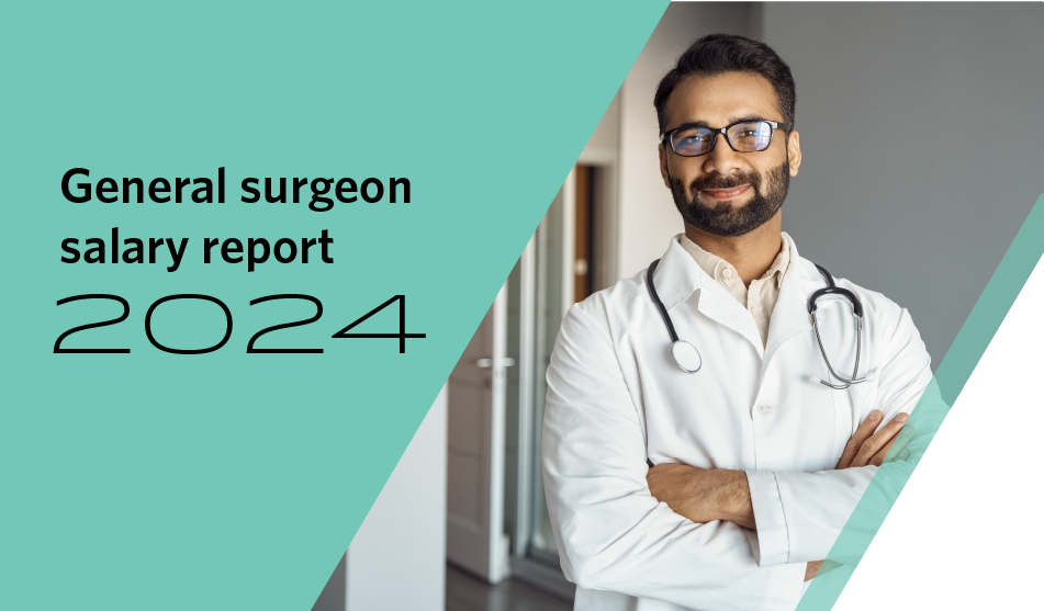 Graphic for general surgeon Salary Report 2024 including a photo of a surgeon standing in a medical setting