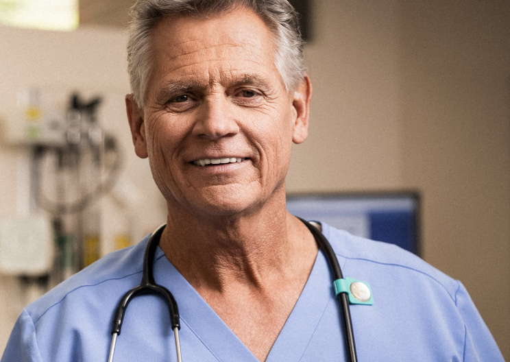 A locums physician looks satisfied at work.